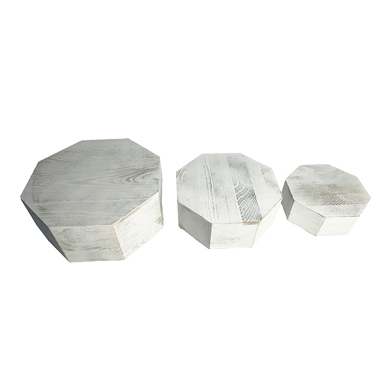 White Wash Wooden Hexagonal Display Stand Set of 3