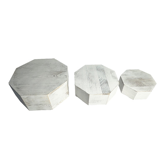White Wash Wooden Hexagonal Display Stand Set of 3