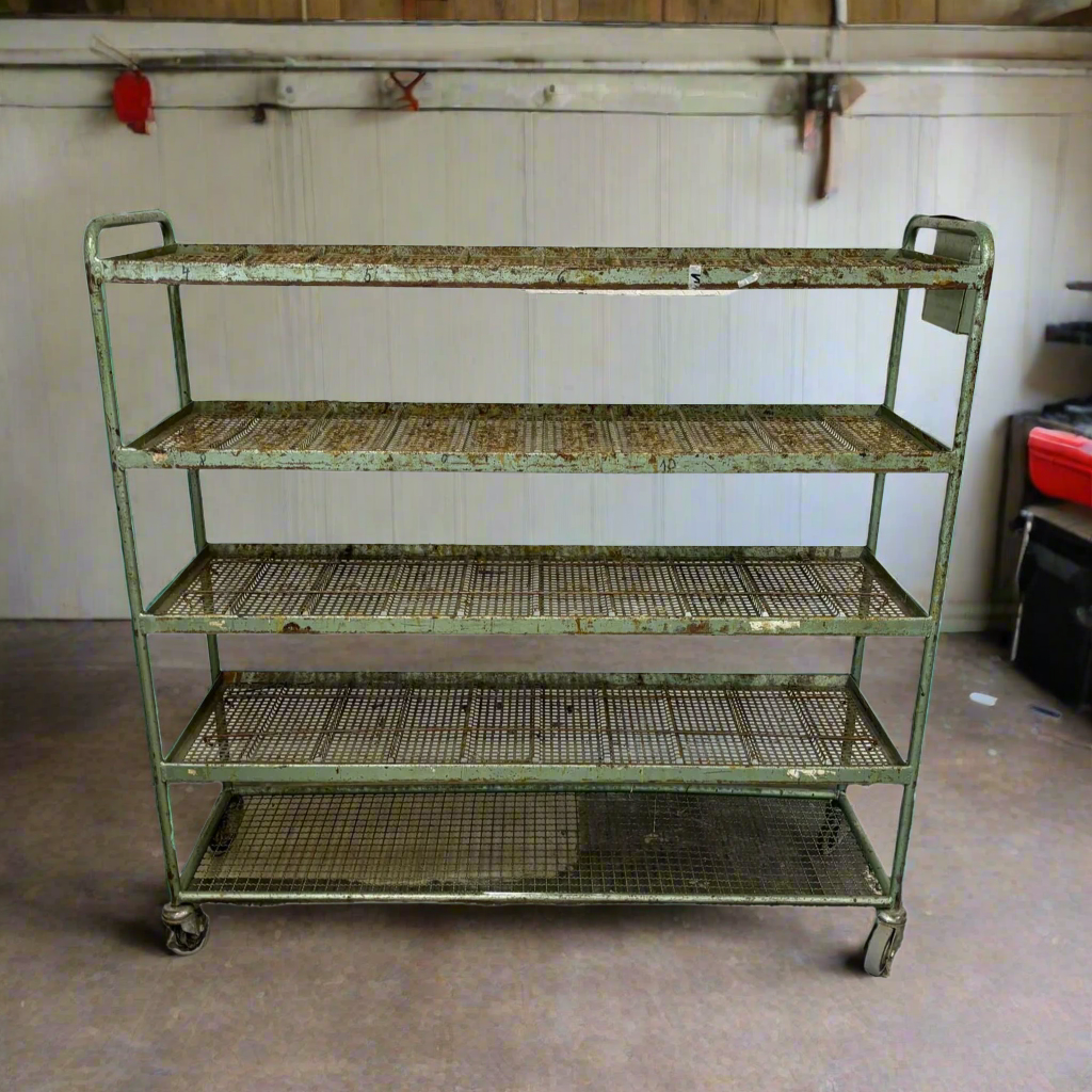 Green Metal Shelving Rack on Wheels